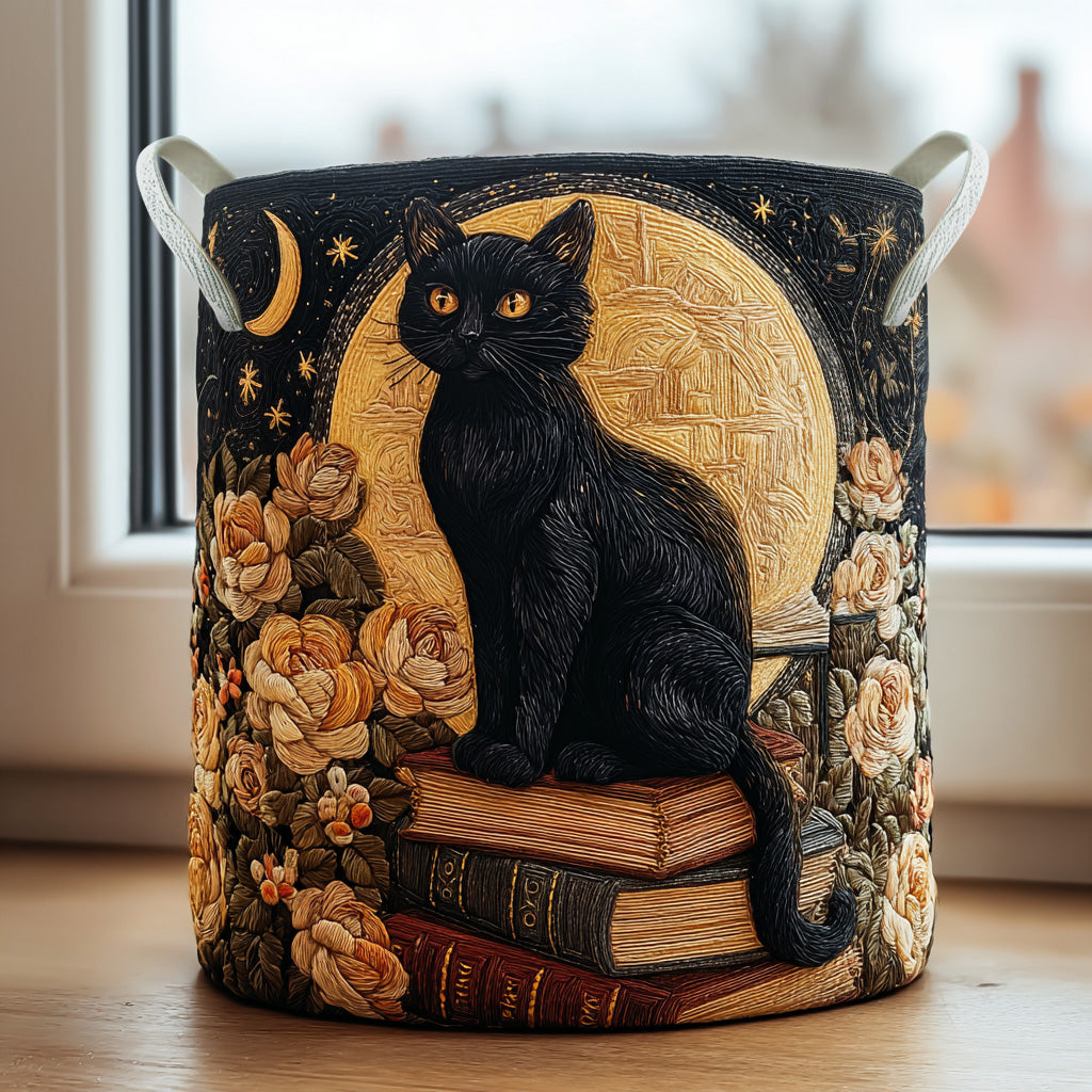 Quilted laundry basket with a Starlit Paws design of gold paw prints, small stars and a crescent moon on a deep navy sky, with wave stitching and carry handles