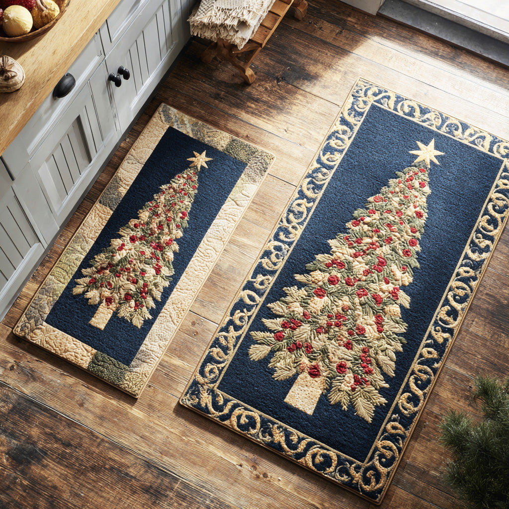 Green Starry Night kitchen mat set – golden tree on navy