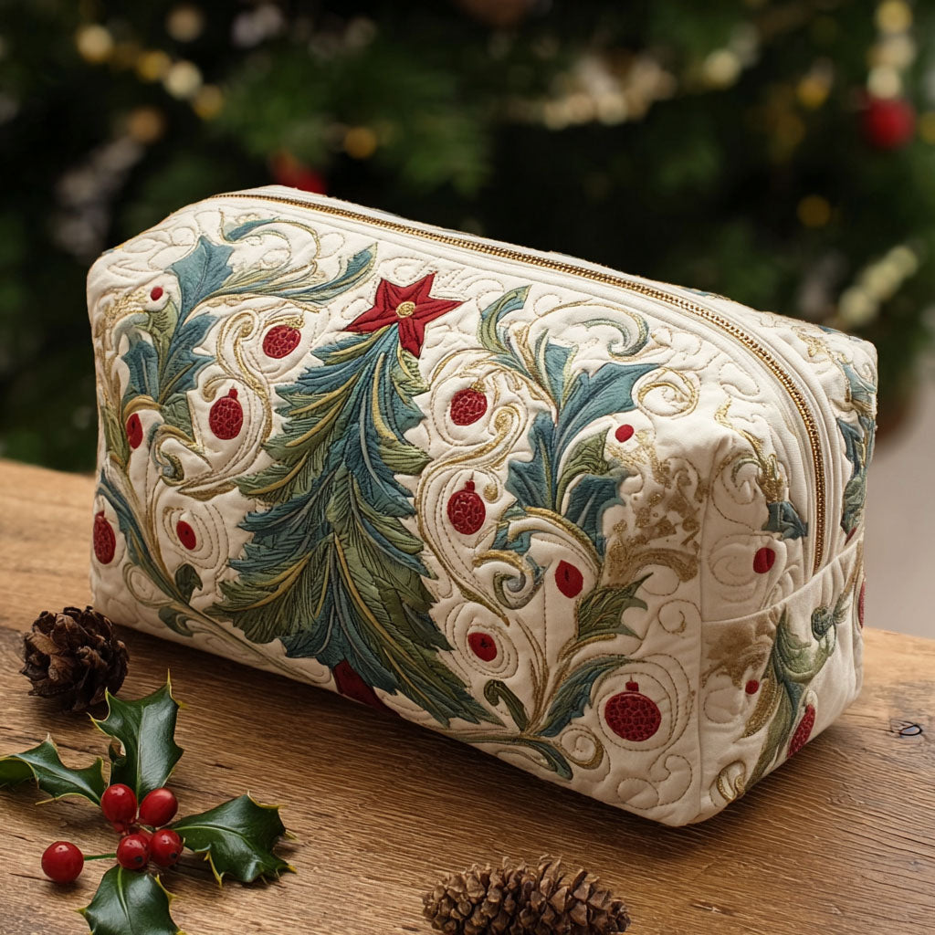 Starry Garland quilted make-up bag with green Christmas tree garland with red baubles and swirls on ivory