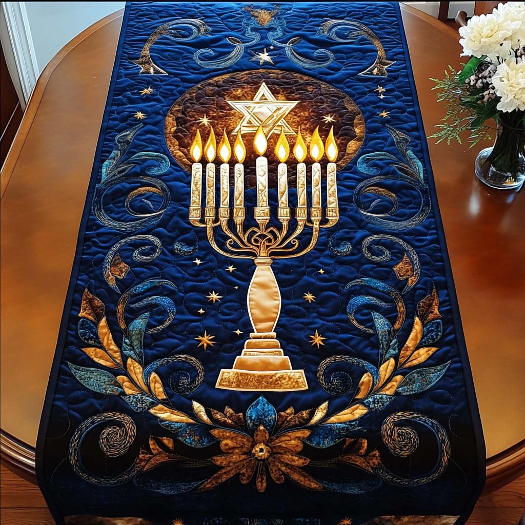 Glowing Menorah quilted table runner – lit golden menorah on blue