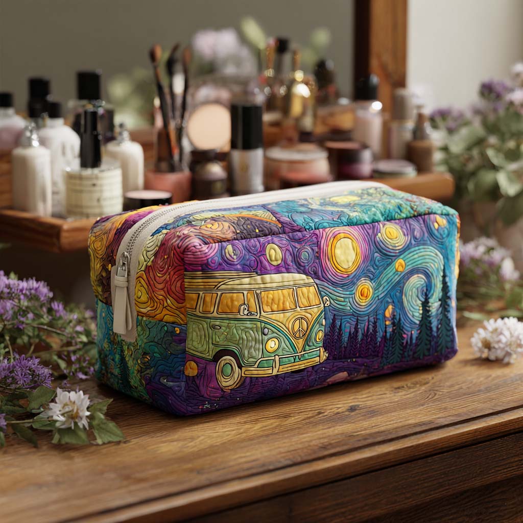 Quilted make-up bag with the Starry Ride Vibes design of camper vans travelling beneath a sky of stars and moons with retro daisies in navy, gold and rust