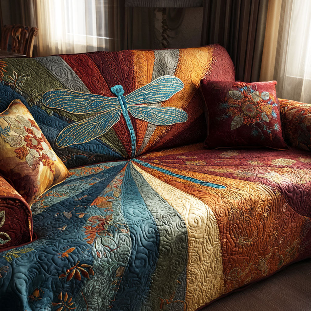 Golden Horizon Dragonfly quilted sofa cover – teal dragonfly over golden rays
