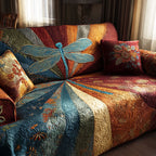 Golden Horizon Dragonfly quilted sofa cover – teal dragonfly over golden rays