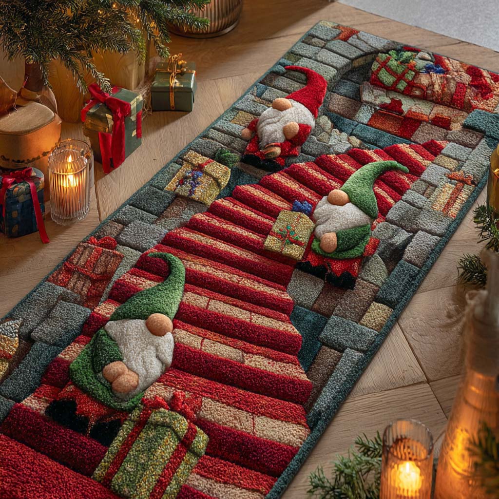 Striped Holiday Lane hallway runner – gnomes on red stairs