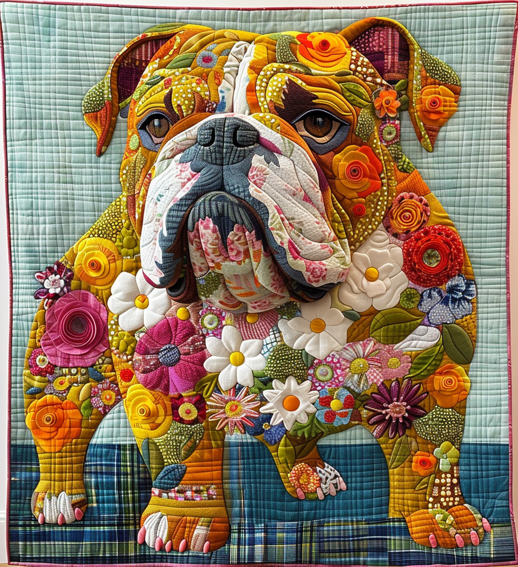 Floral Bulldog quilted throw – english Bulldog covered in bright flowers