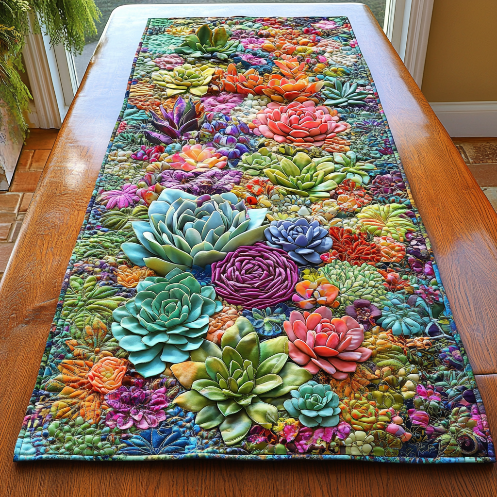 Rainbow Succulents quilted table runner – rainbow succulents
