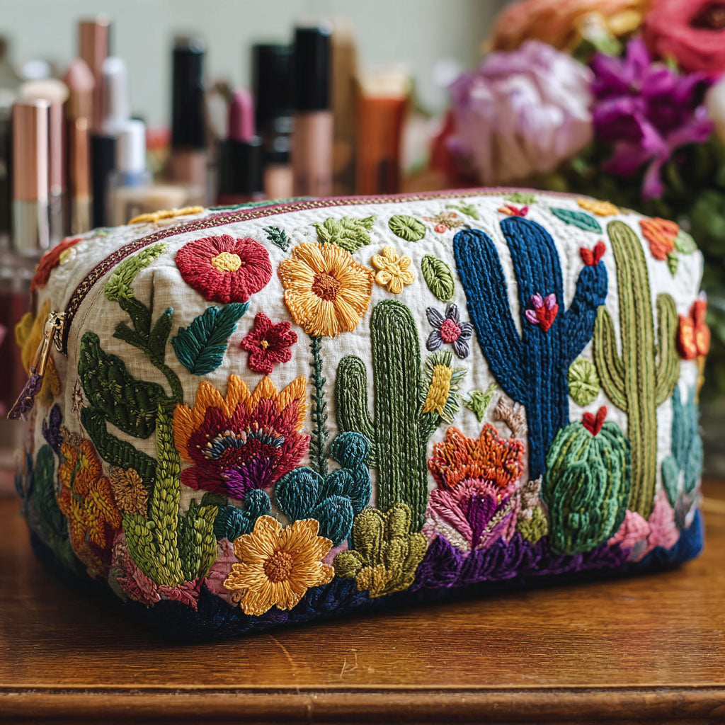 Succulent Soul quilted make-up bag with blue and green cacti among red and orange desert flowers on white