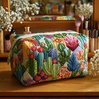 Succulent Sun quilted make-up bag with garden of cacti and succulents in fresh greens with pink blooms