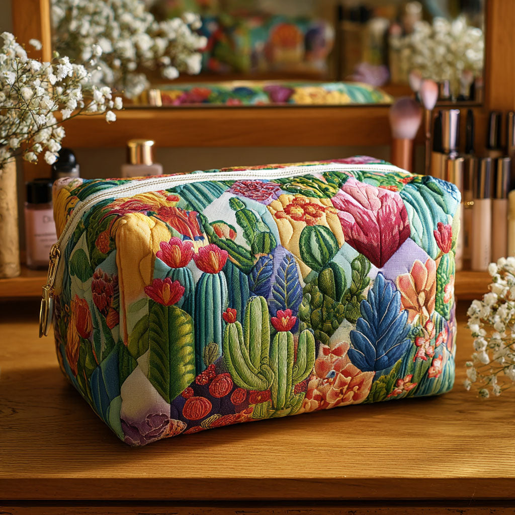 Succulent Sun quilted make-up bag with garden of cacti and succulents in fresh greens with pink blooms
