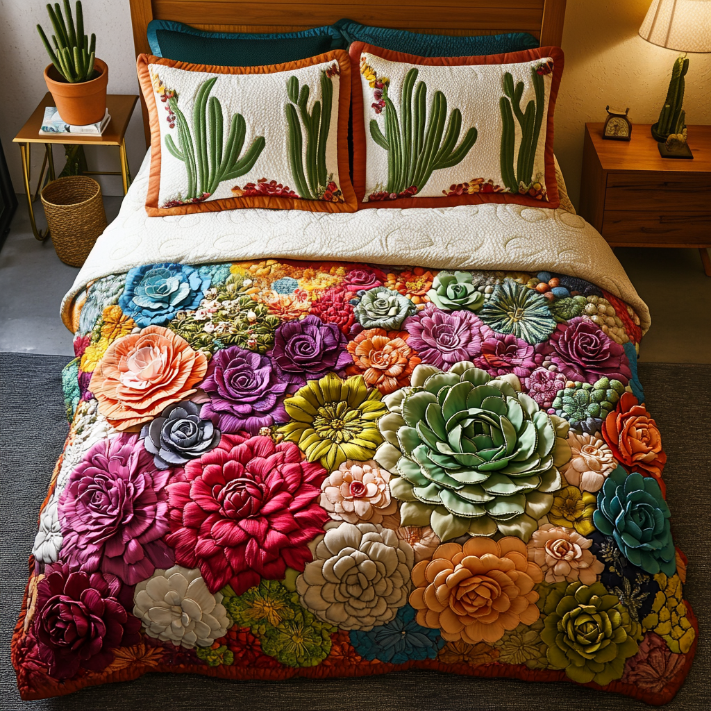 Succulent Blooms quilted bedspread set – succulents and roses in pink and coral