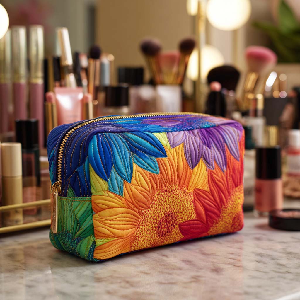 Quilted make-up bag with the Summer Bloom design of large sunflowers on a clear blue ground, shown from the front