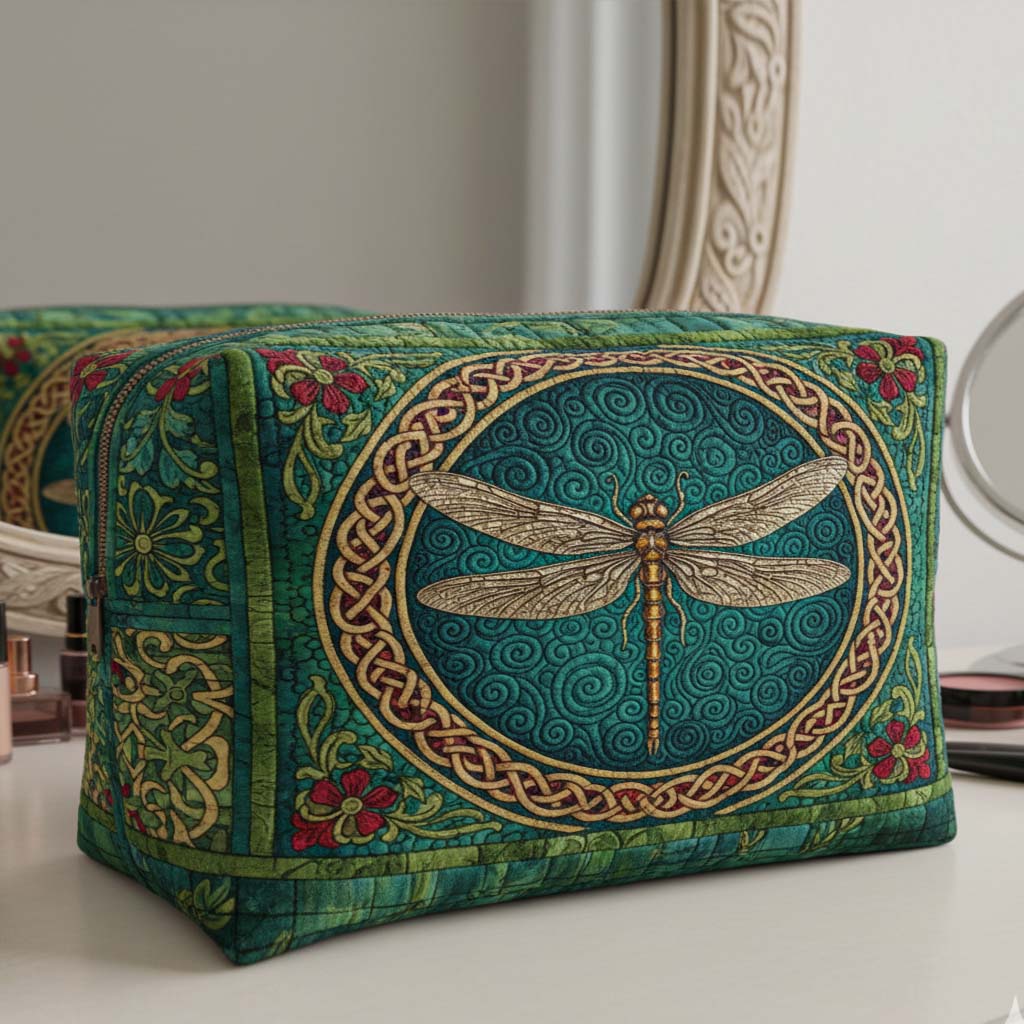 Emerald Dragonfly Medallion quilted makeup bag – dragonfly on emerald