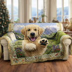 Happy Retriever quilted sofa cover – smiling golden retriever