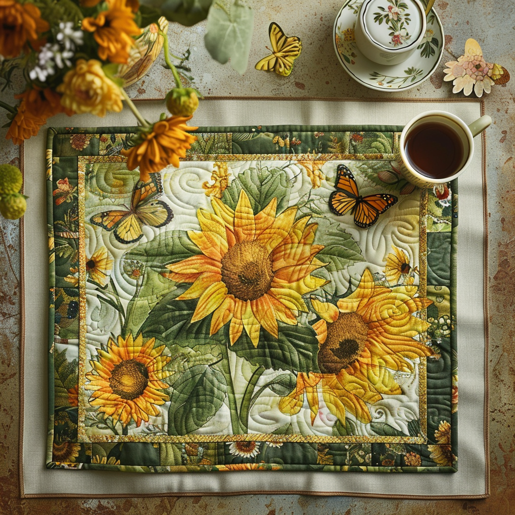 Sun-Kissed Sunflower quilted placemats – sunflowers in green frame