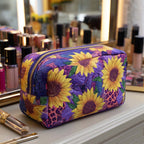 Quilted make-up bag with the Sun Charm design of a single sunflower ringed by smaller blooms and leaves, shown from the front