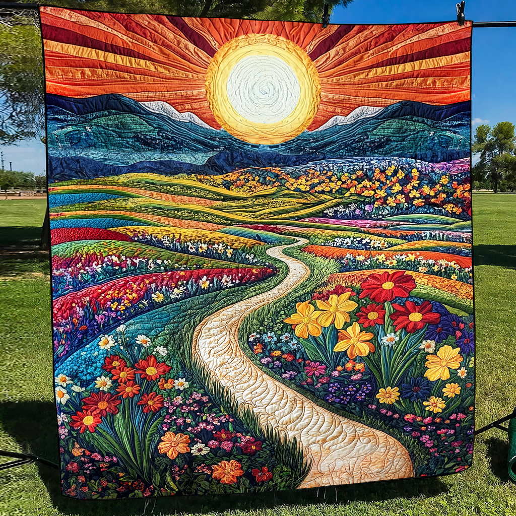 Wildflower Path quilted throw – winding path through wildflower fields