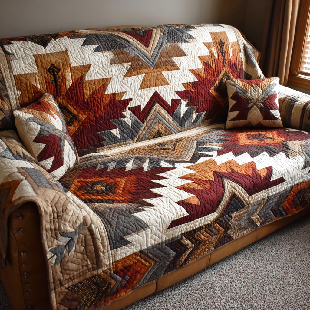Sunburnt Horizon quilted sofa cover with stepped star medallions in rust, burgundy, caramel, cream and soft grey