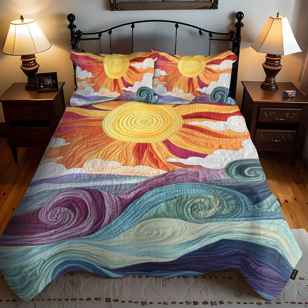 Quilted bedspread set with a bold golden sun with rays over ochre and terracotta in the Sunburst design