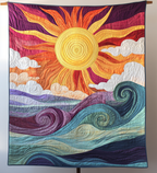 Sunburst Waves quilted throw – radiant sun over swirling teal waves