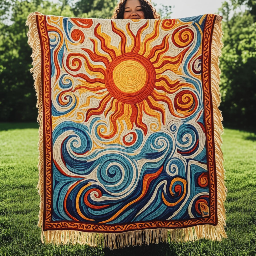 Fiery Sun Swirls woven sofa throw – fiery sun above swirling waves