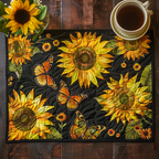 Sunflower Garden with Butterflies quilted placemats – sunflowers and butterflies on black