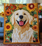 Golden Retriever Sunflowers quilted throw – smiling Golden Retriever framed by sunflowers