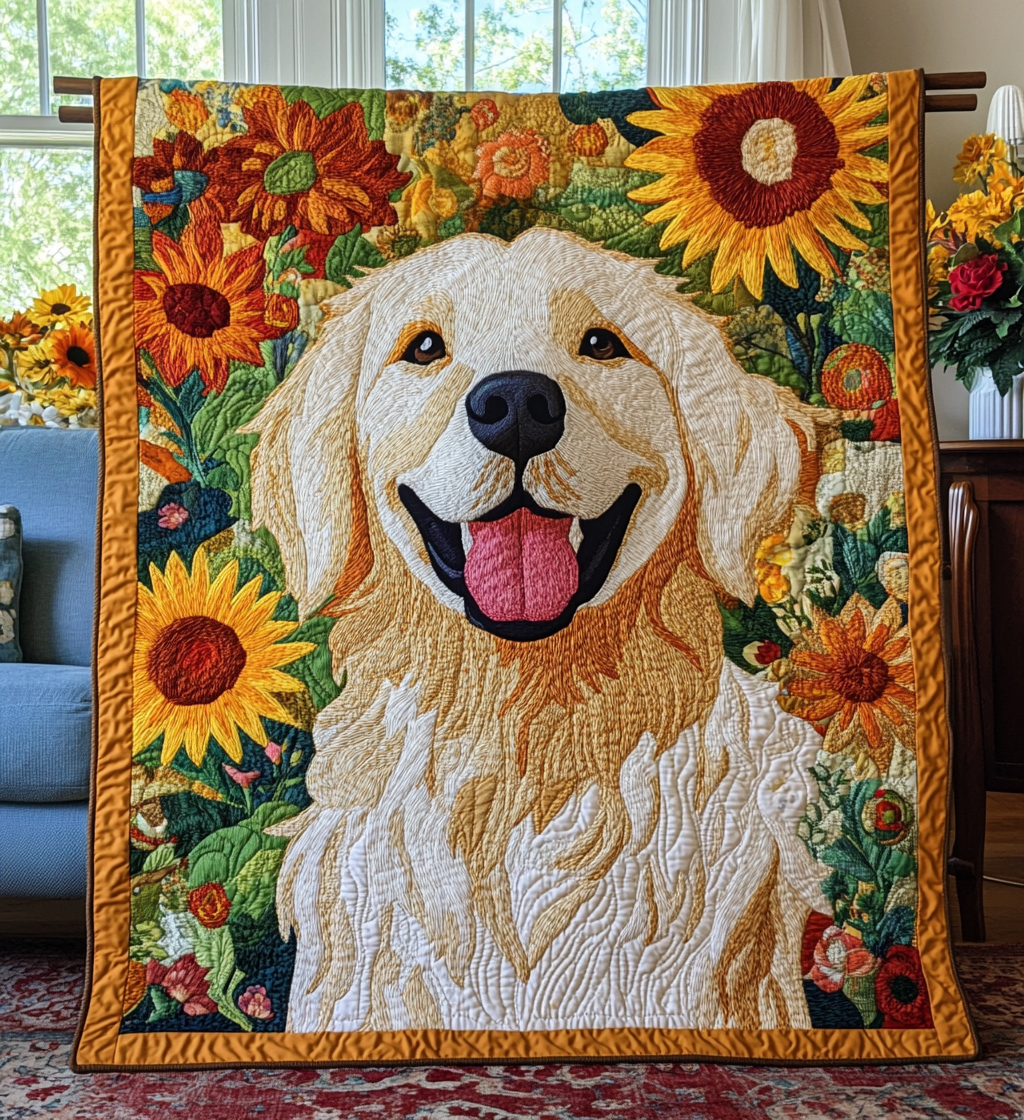 Golden Retriever Sunflowers quilted throw – smiling Golden Retriever framed by sunflowers