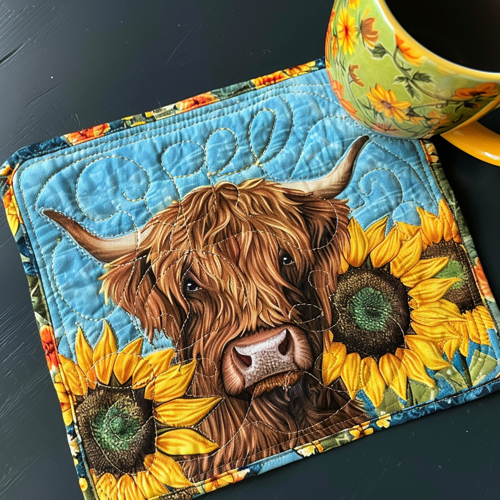 Sunflower Highland Cow quilted placemats – highland cow with sunflowers