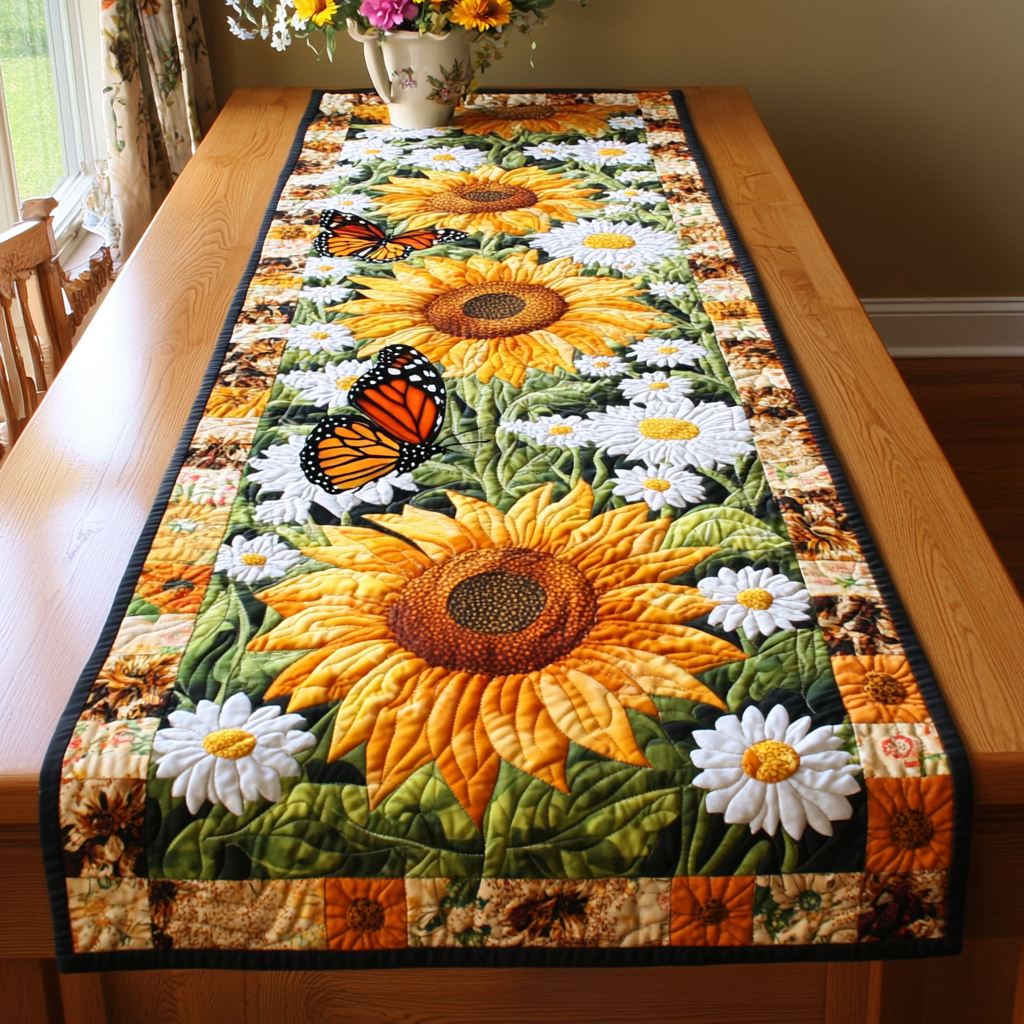 Sunflower Daisy Meadow quilted table runner – sunflowers and daisies