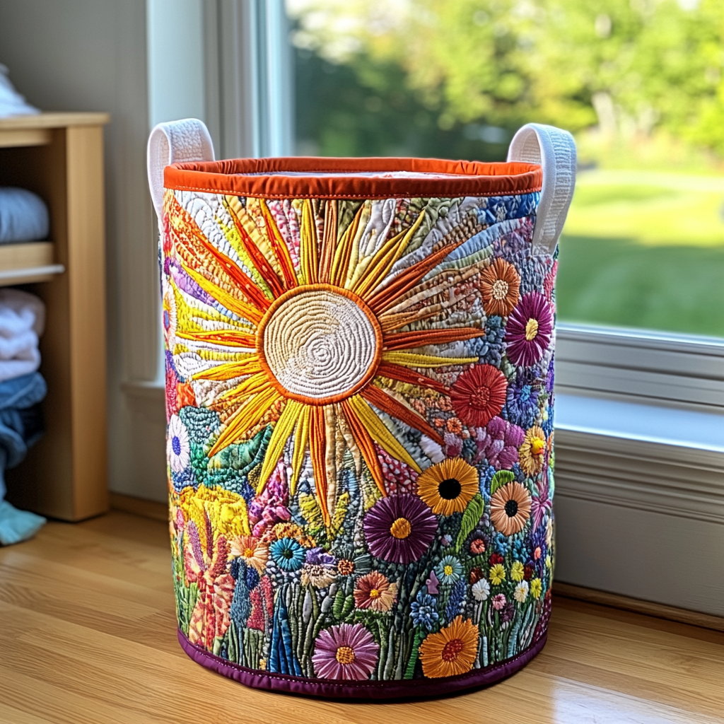 Quilted laundry basket with a Blooming Sunflower design of large gold and amber sunflowers on a warm quilted ground, with wave stitching and carry handles