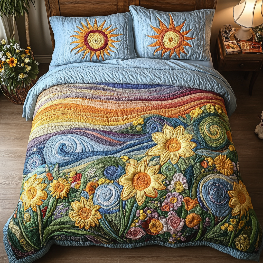 Swirling Sunflowers quilted bedspread set – sunflowers among swirling blue and gold bands