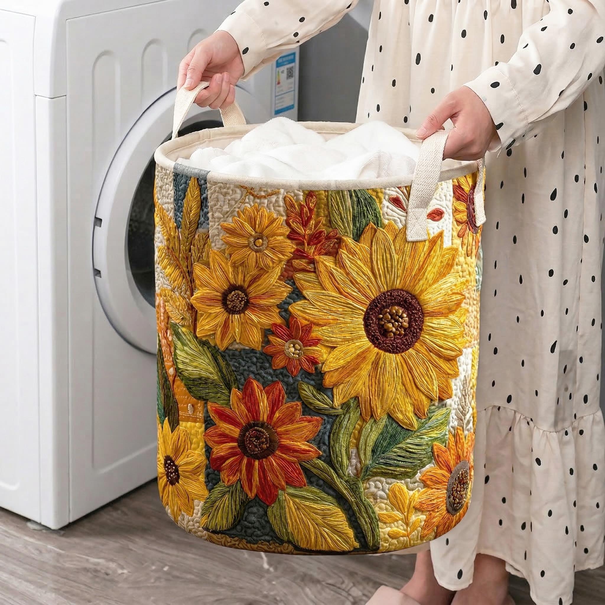 Sunflower Dream quilted laundry basket in three sizes standing side by side