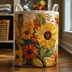 Quilted laundry basket with tall sunflowers, heads heavy and gold, against deep green in the Sunflower Dream design