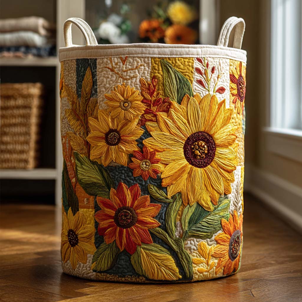 Quilted laundry basket with tall sunflowers, heads heavy and gold, against deep green in the Sunflower Dream design