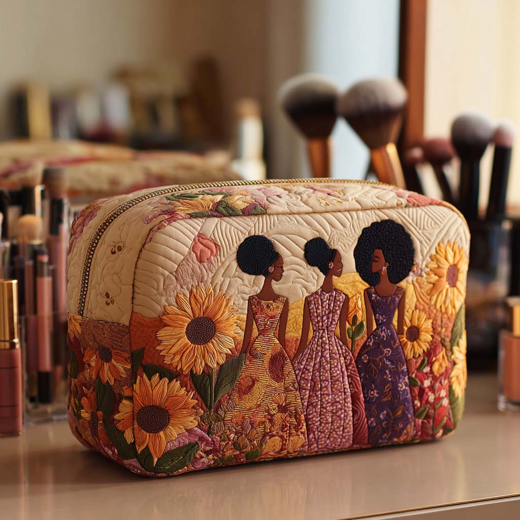 Sunflower Glow quilted make-up bag with three women in long dresses among tall sunflowers