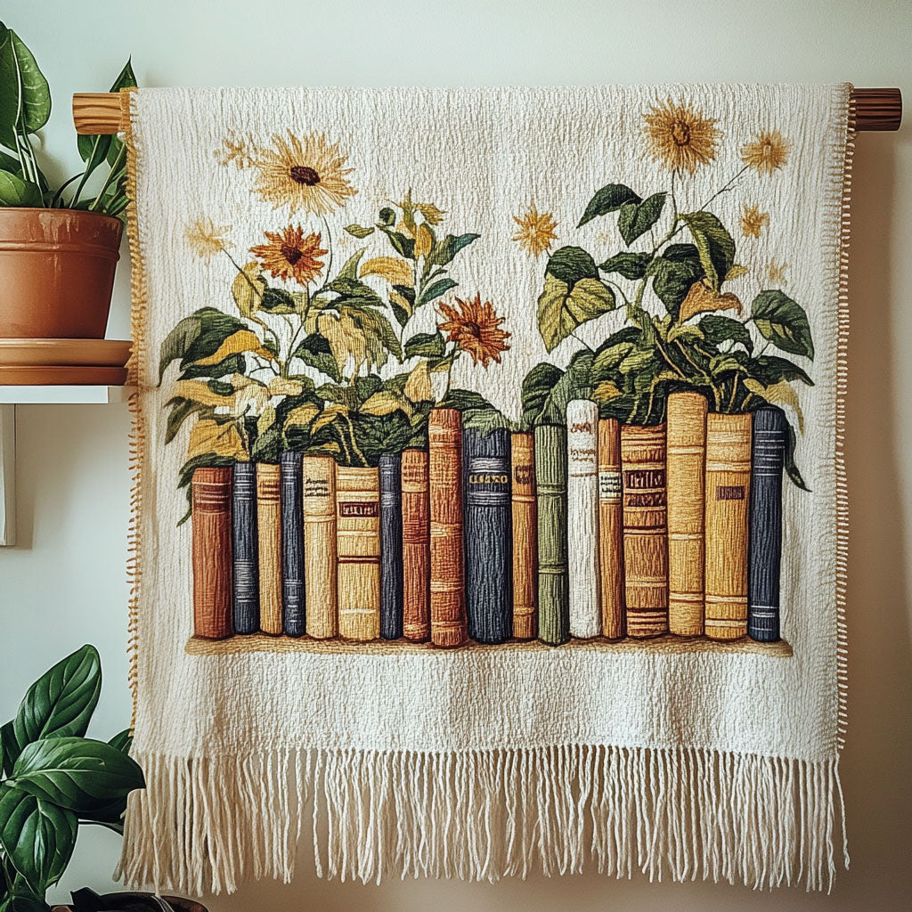 Sunflower Bookshelf woven sofa throw – sunflowers above old books