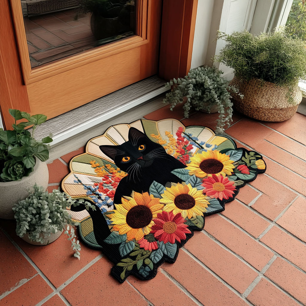 Sunflower Shadow Cat shaped doormat – black cat and sunflowers