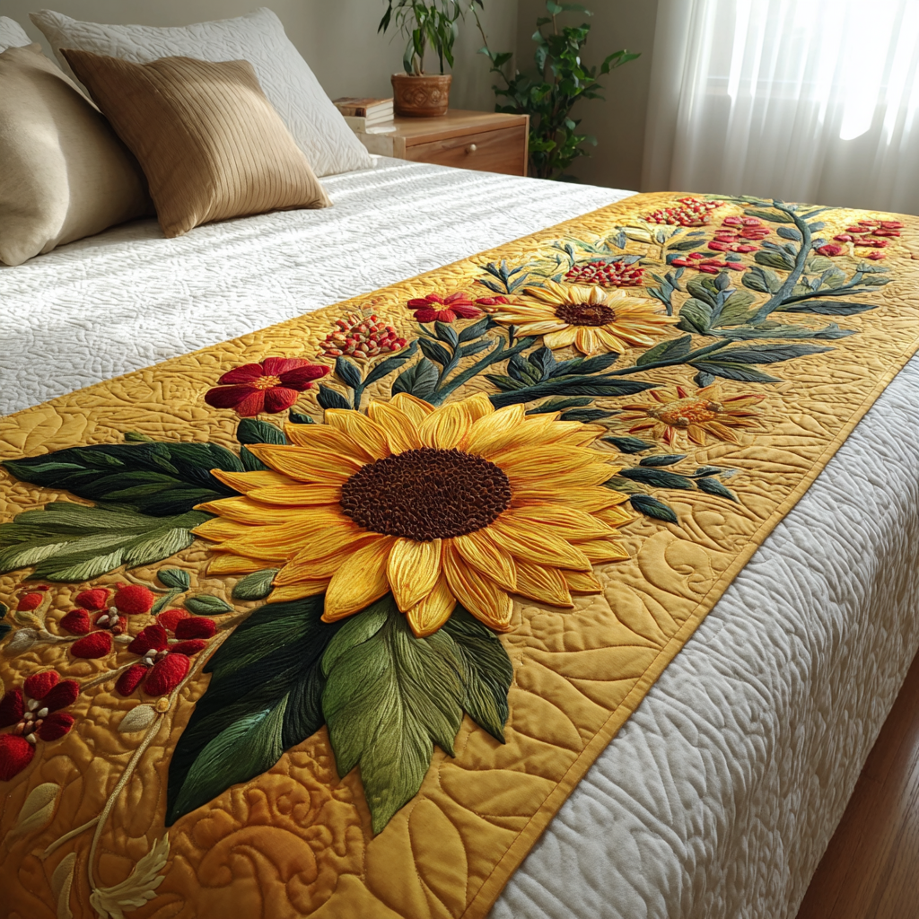 Golden Sunflower quilted bed runner – large sunflower and red blooms on gold