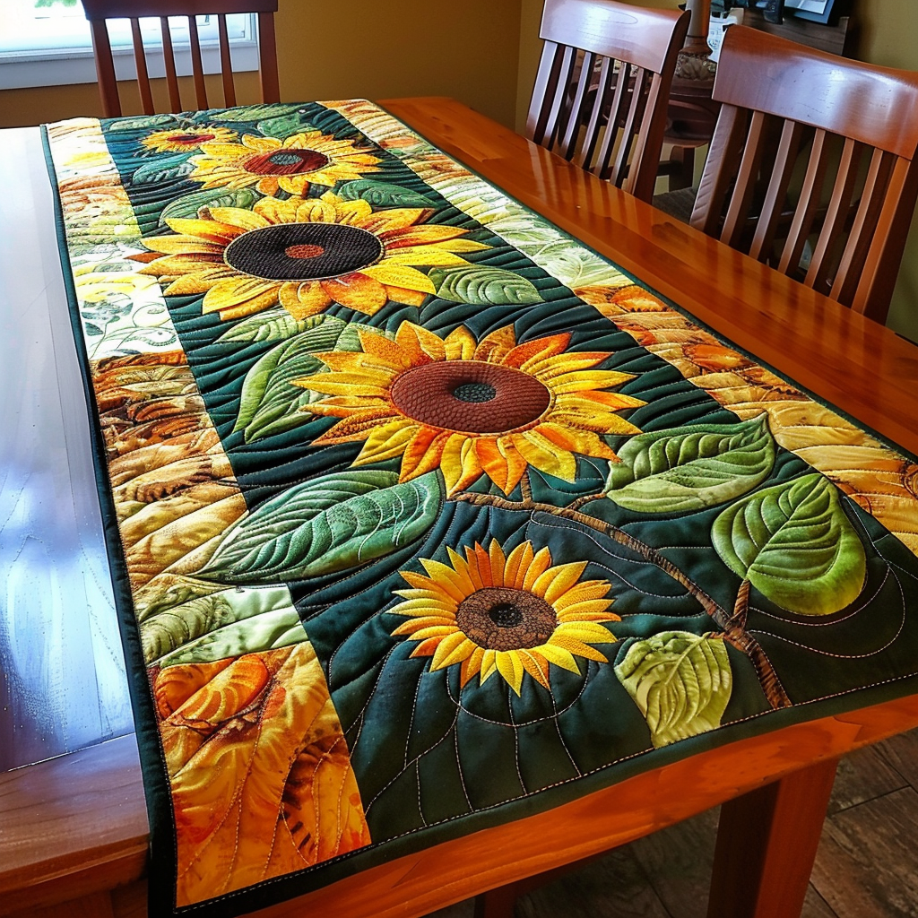 Sunflower Leaves Green quilted table runner – sunflowers on deep green