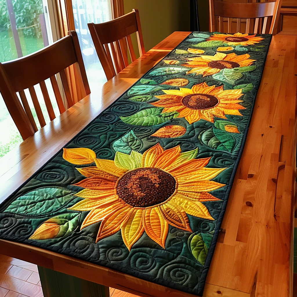 Sunflower Swirl quilted table runner – sunflowers among swirling leaves