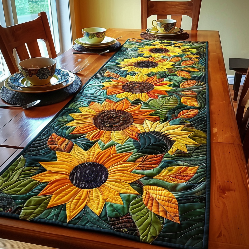 Sunflower Night quilted table runner – sunflowers on dark green