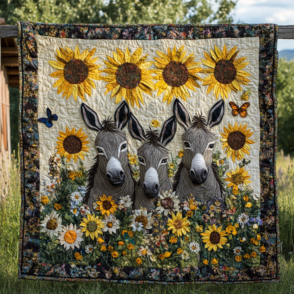 Donkeys and Sunflowers quilted throw – grey donkeys among sunflowers and daisies