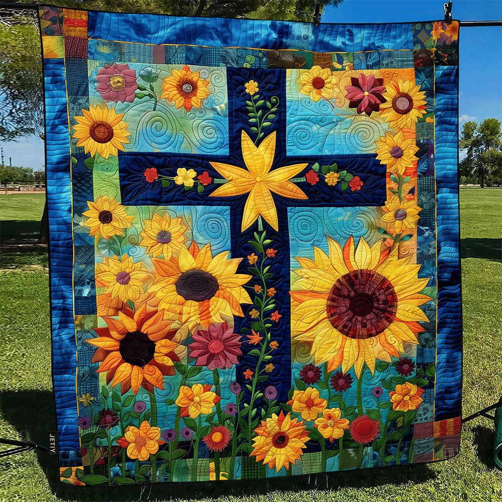 Sunflower Cross quilted throw – blue cross among golden sunflowers