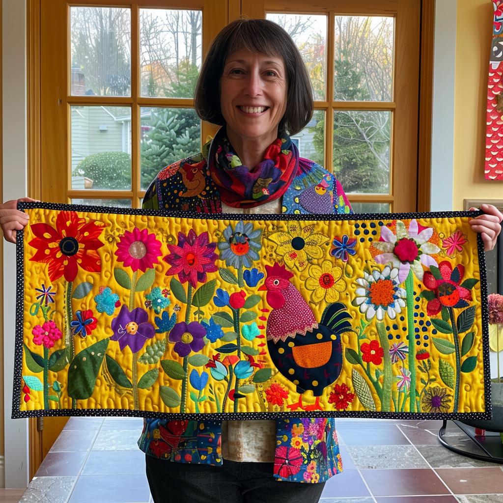 Wildflower Hen quilted table runner – hen among wildflowers
