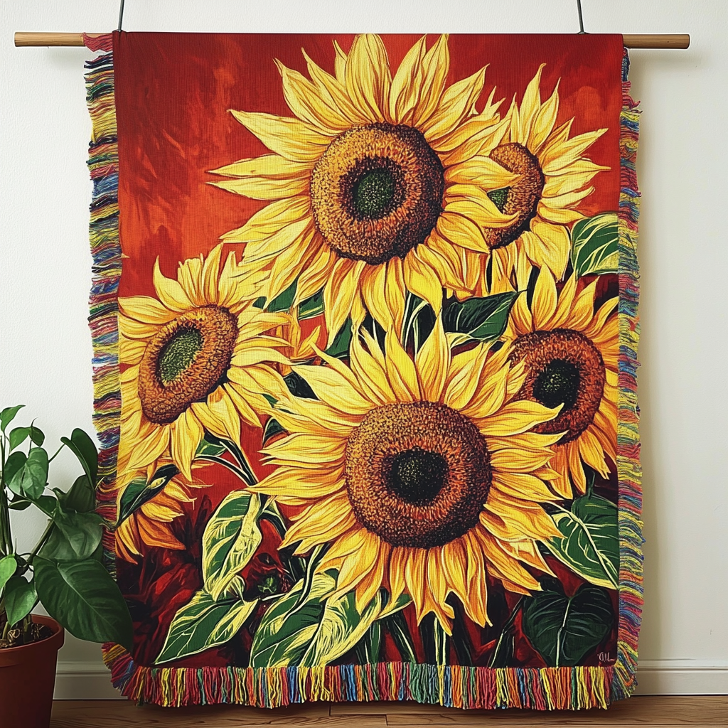 Sunflowers on Red woven sofa throw – golden sunflowers on red