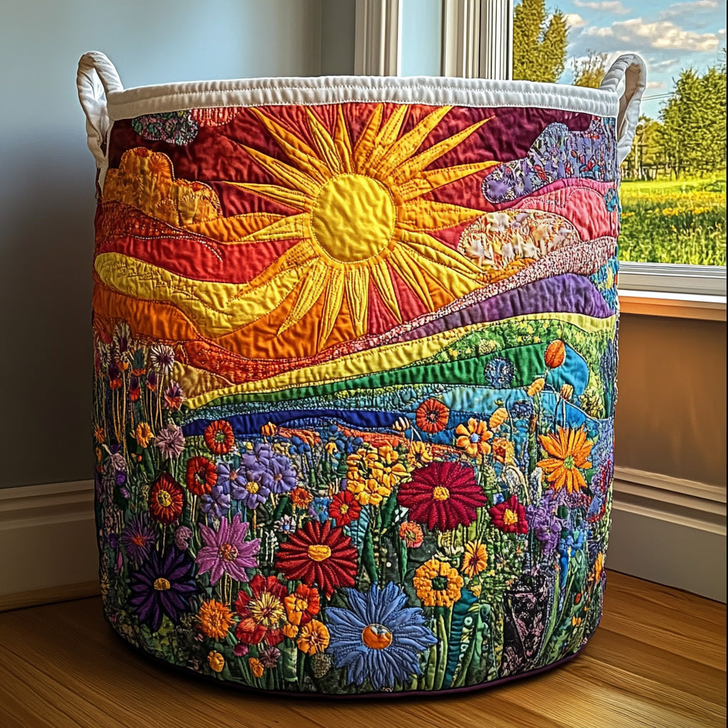 Quilted laundry basket with a golden sunset over a wildflower meadow