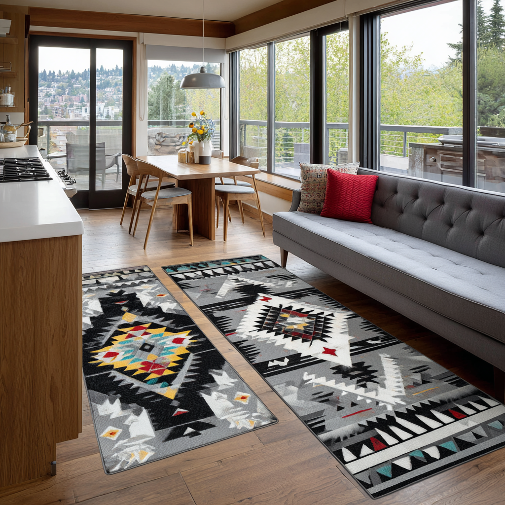 Monochrome Kilim kitchen mat set – monochrome diamonds