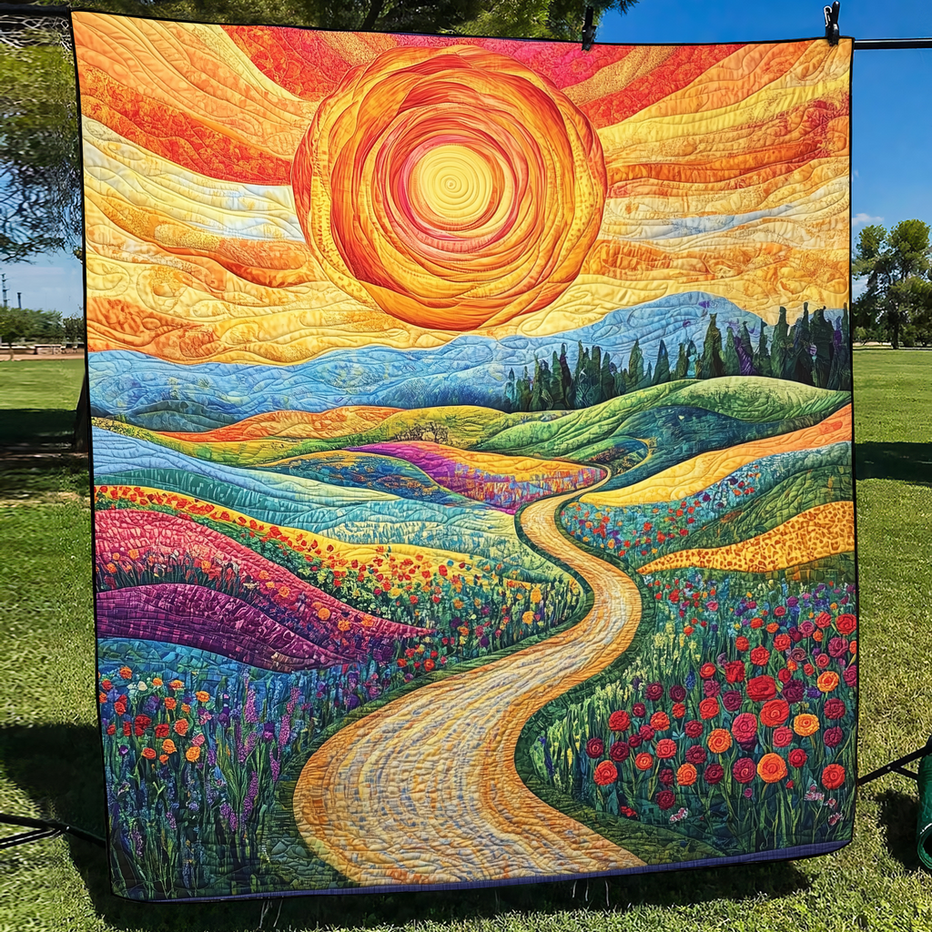 Golden Valley Road quilted throw – golden road through rolling green hills
