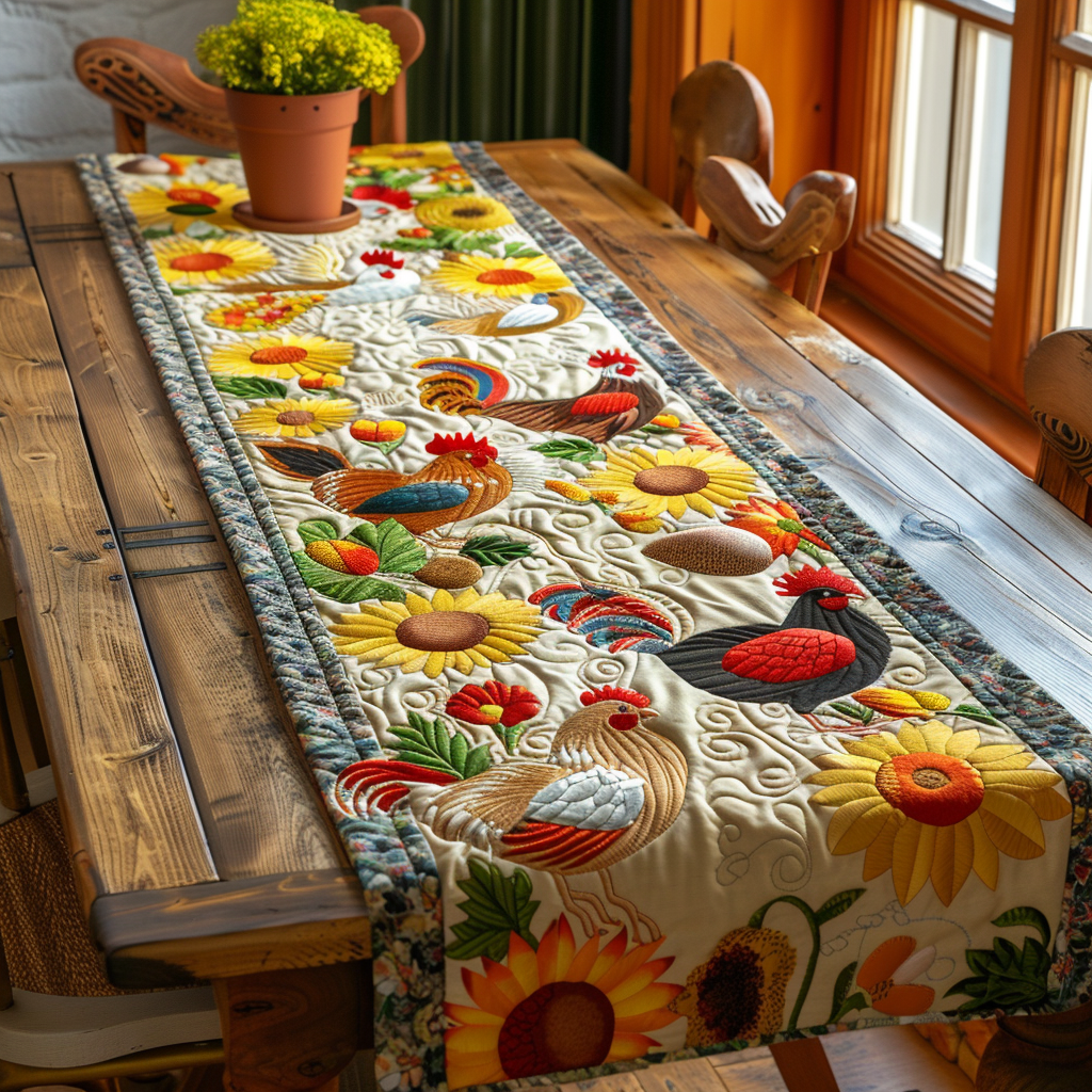 Farmhouse Harvest quilted table runner – sunflowers and produce