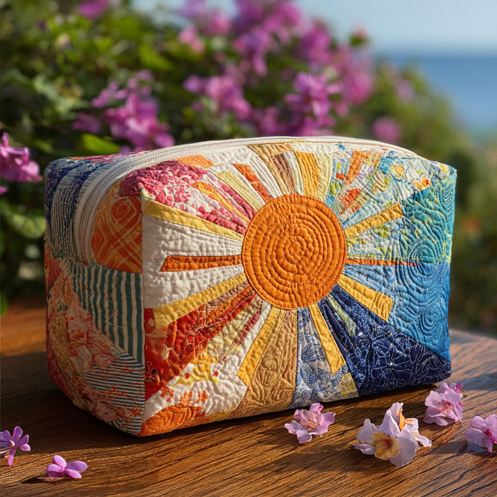 Quilted make-up bag with the Sunny Beam design of a retro sun sending out long rays over seventies flowers and toadstools in orange, gold and cream